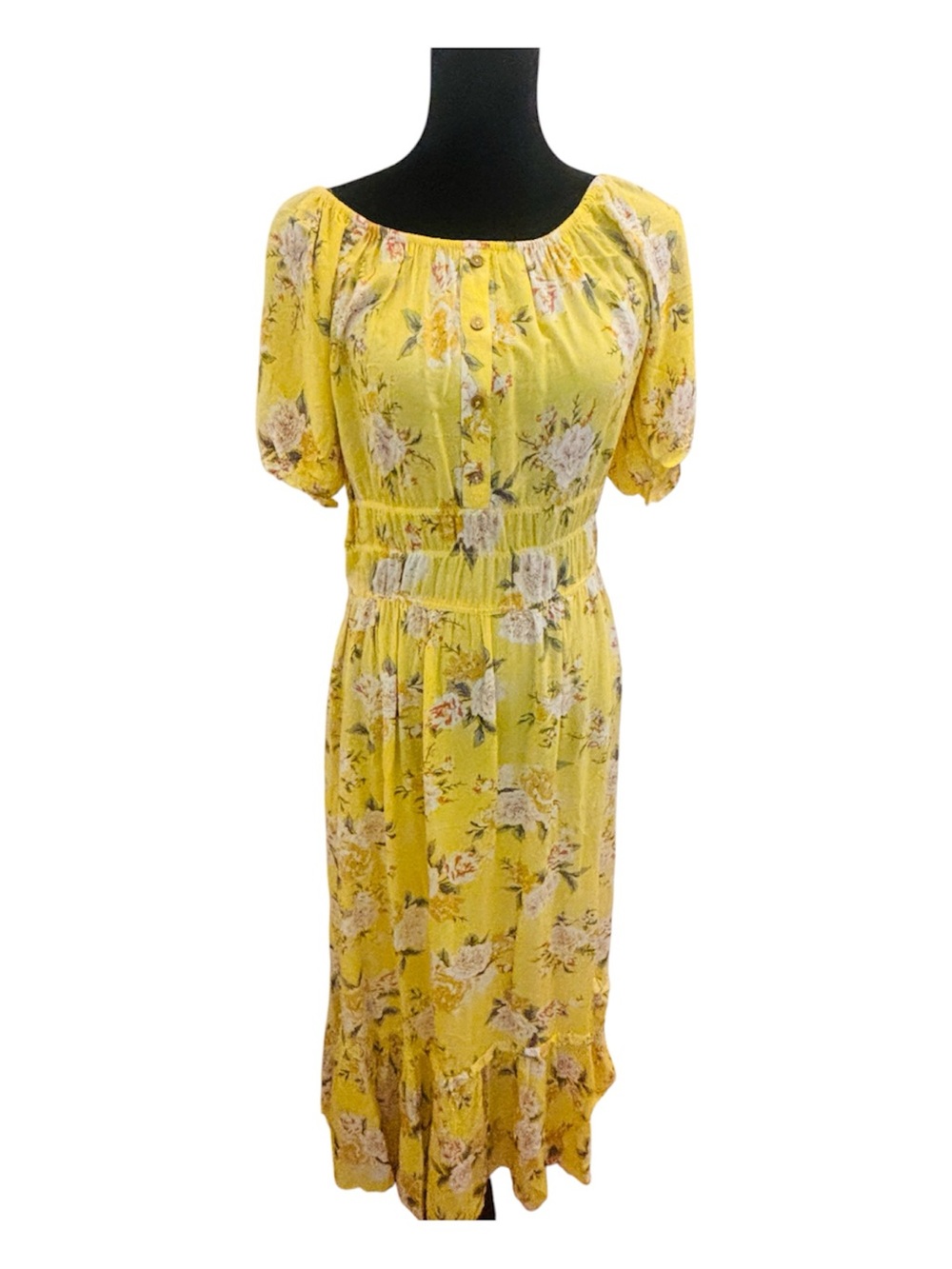 Falling Flower 🌼 Yellow Floral Button-Front Midi Dress with Smocked Waist